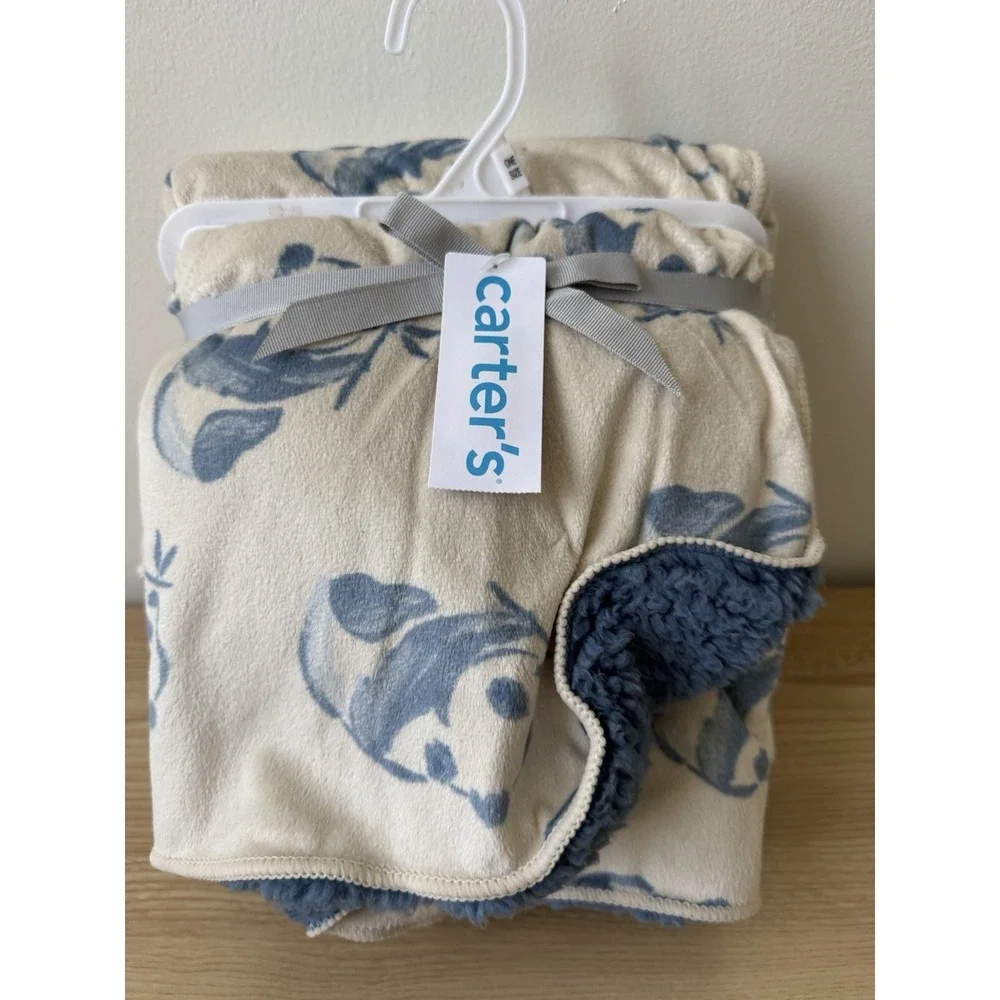 Carter's Panda Bear Baby Blanket Blue Sherpa Plush NWT 40x30 Nursery Gift